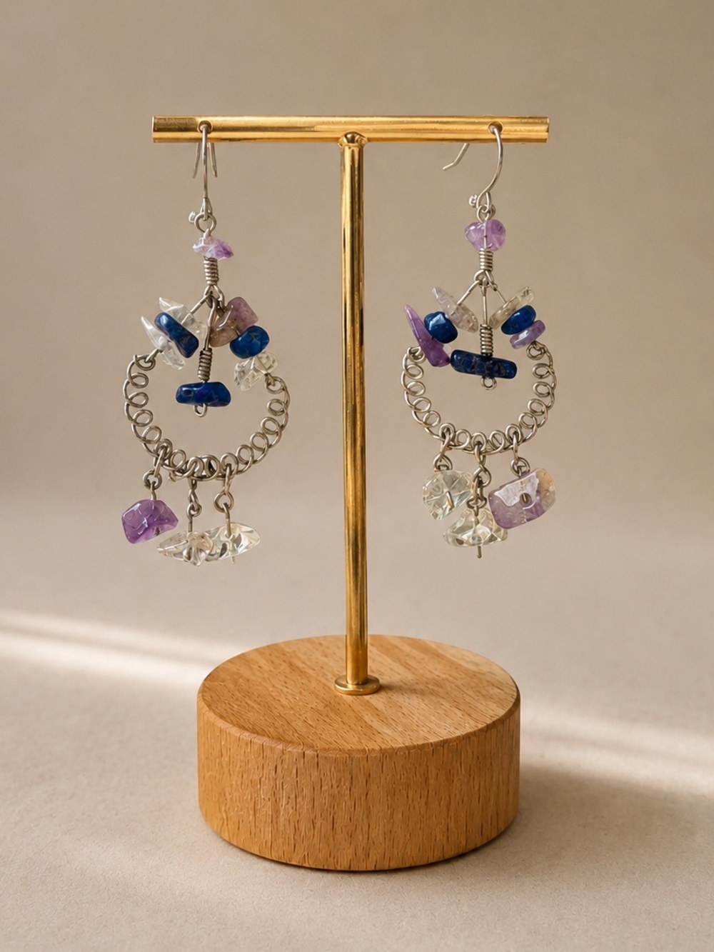 Boho Wire Wrapped Gemstone Dangle Earrings Purple Blue Chip Stone Handmade